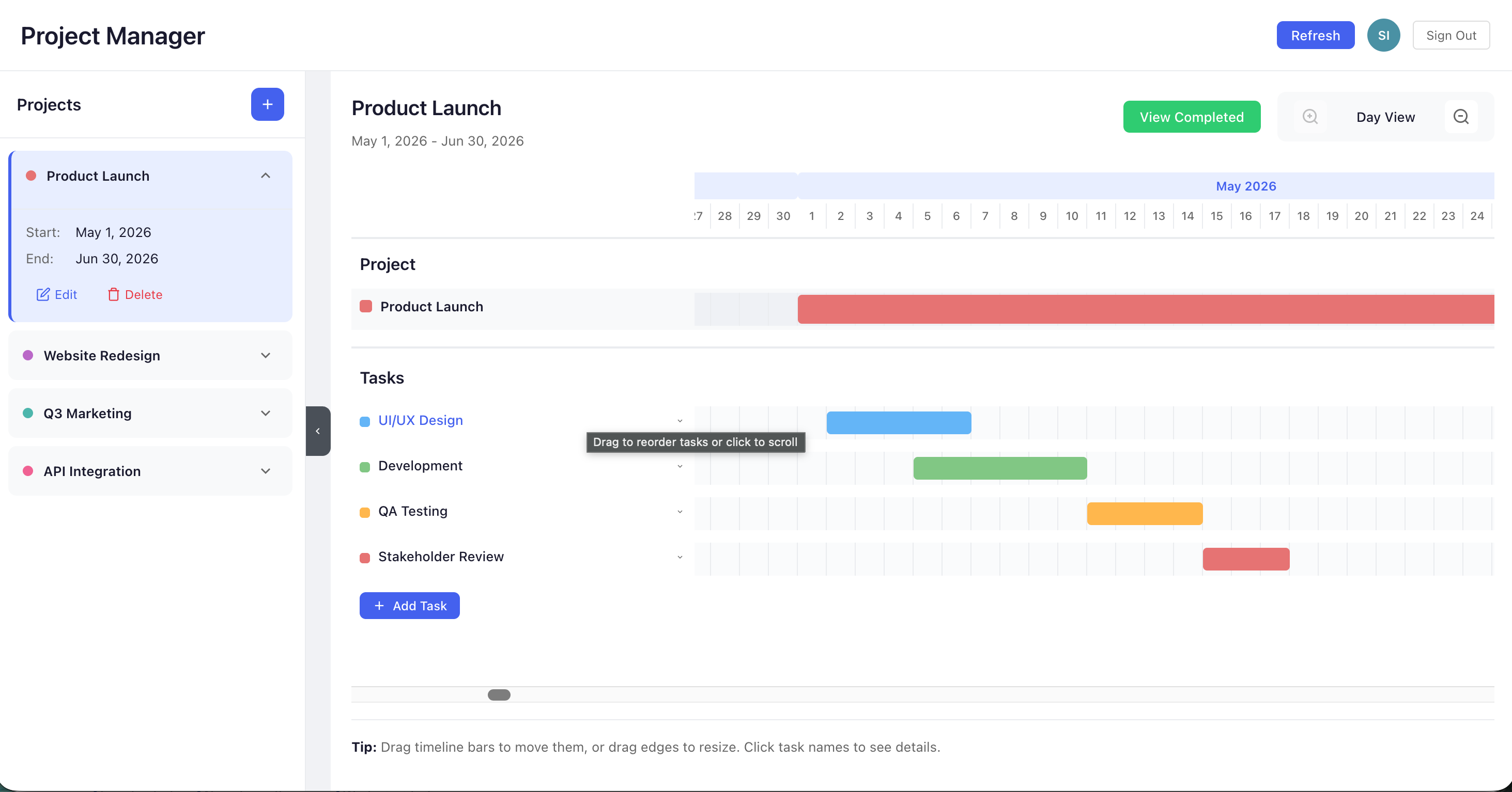 Project Planner - Gantt Chart View