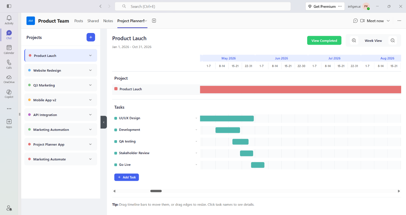 Projects sidebar with + button
